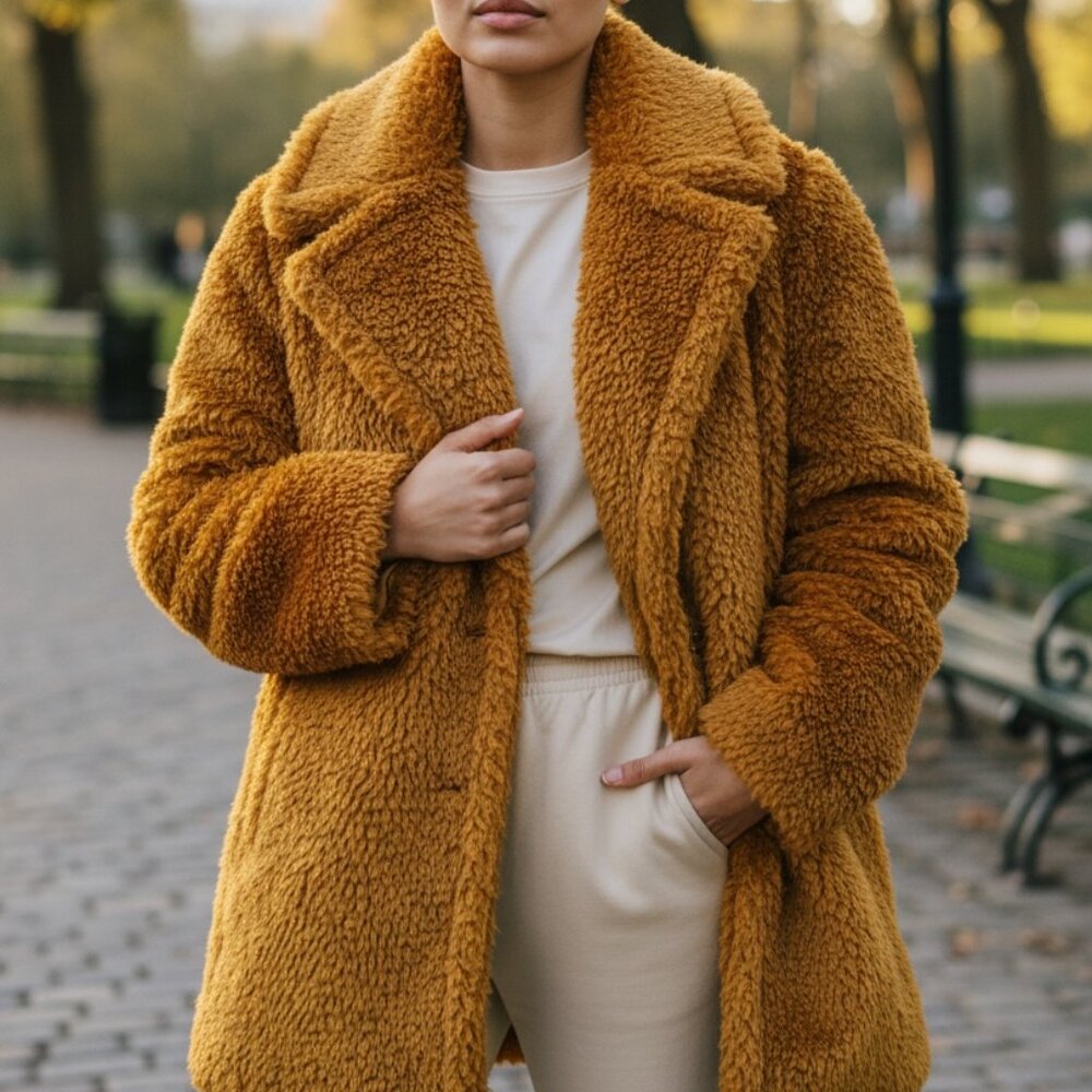 NWT French Connection Mustard Faux Fur Coat XL – Cozy Statement Jacket